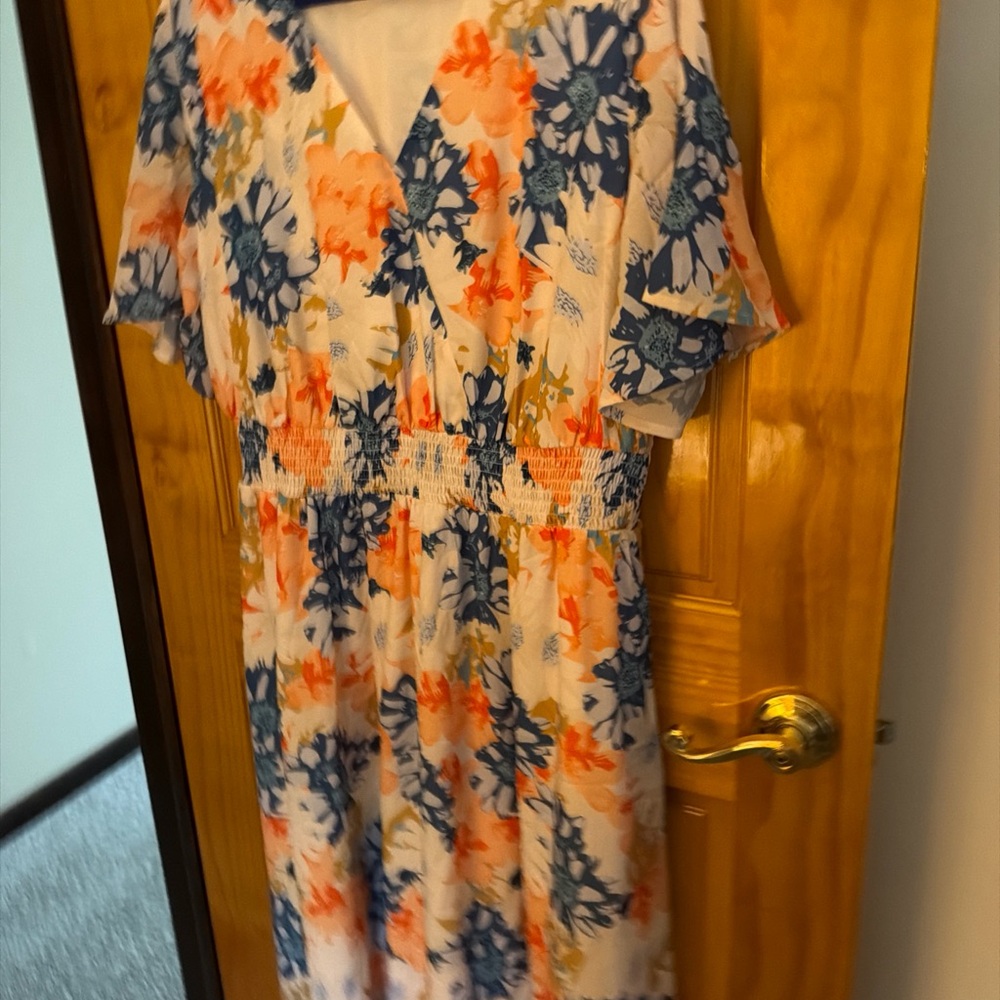 Floral V-Neck Smocked Midi Dress in Blue & Coral